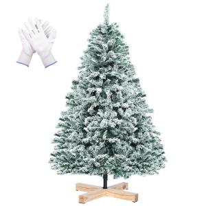 Kunstkerstboom met Sneeuw en Houten Voet, 210 cm Hoge Valse Dennenboom met 850 Tips, PVC Kunstboom Edeldennen Inclusief Handschoenen, Snelle Montage Vouwsysteem, Witte Beflockte Ke