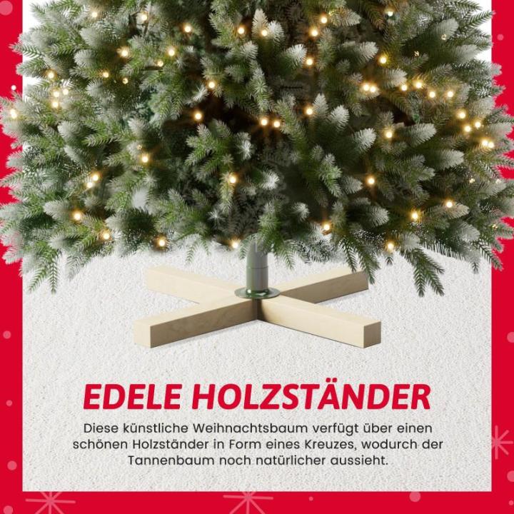 Wija Kerstboom met verlichting, kunstkerstboom met lichtketting, 350 warm wit licht en kunstsneeuwcoating, 850 takken en houten standaard, van PE-spuitgietwerk en pvc, 180 cm
