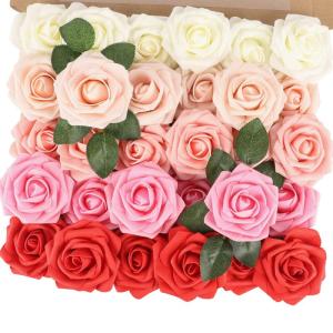 Künstliche Rosen Blume, 30 Stück Deko Blumen Fake Rosen mit Stielen DIY Hochzeit Blumensträuße Braut Zuhause Dekoration, Dunkelrot