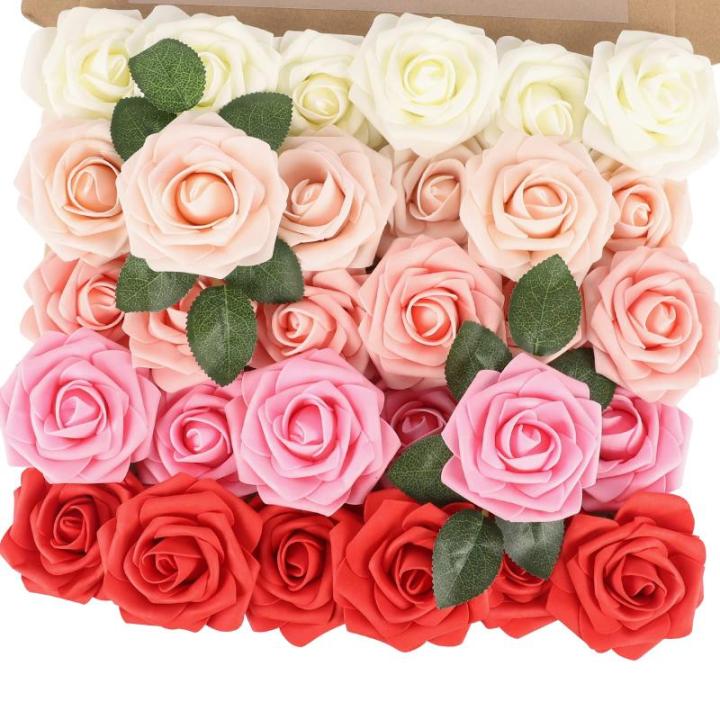 Künstliche Rosen Blume, 30 Stück Deko Blumen Fake Rosen mit Stielen DIY Hochzeit Blumensträuße Braut Zuhause Dekoration, Dunkelrot