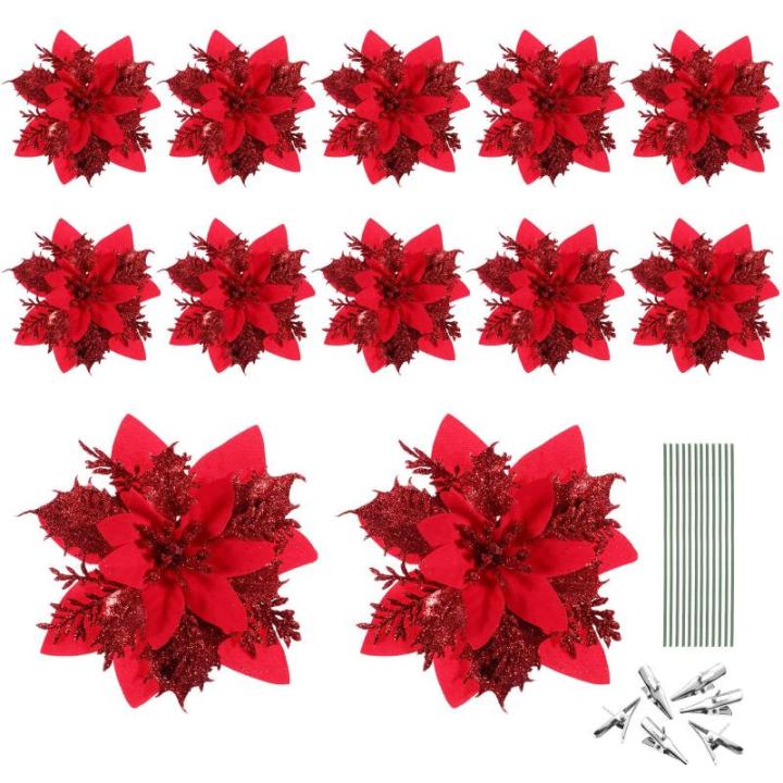12 Weihnachtsstern-Weihnachtsdekorationen Weihnachtsbaum-Blumendekorationen Mit Clips Und Stielen Künstliche Weihnachtssterne Für Weihnachtskranz-Partydekorationen