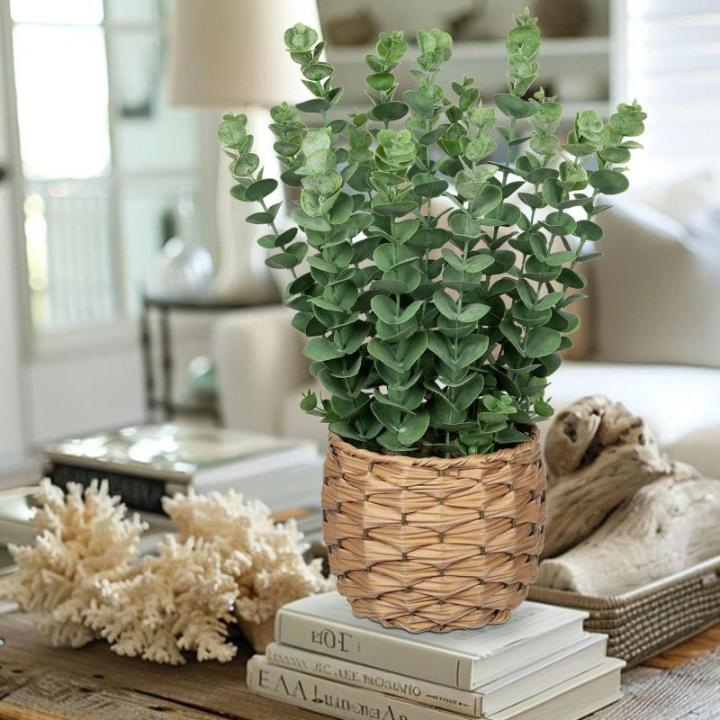 Kunstplant eucalyptus kunstplant lijkt op echte kamerplanten, decoratieve planten in gevlochten zeegras, pot, hoogte 43 cm