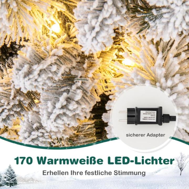 Kunstkerstboom met verlichting, 180 cm, pop-up dennenboom met 170 warmwitte ledlampen en 517 takuiteinden, gevlokte kerstboom, kunstboom voor thuis, bedrijf en kantoor