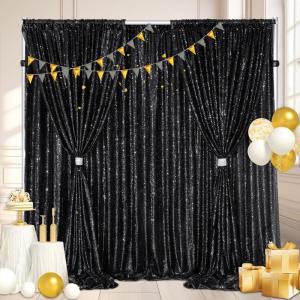 Schwarzer Pailletten-Hintergrund, Halloween, 2 Paneele, 1,2 x 2,4 m, Vorhangvorhänge, glänzender Hintergrund für Partys, schimmernder Wandhintergrund, Tuch