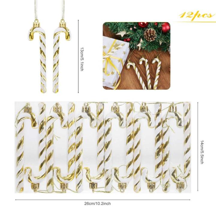 12 Kerststokjes, fonkelend, 13 cm, voor versieren van kerstboom, versieringen, hangende snoepstokjes, goudkleurige en witte strepen
