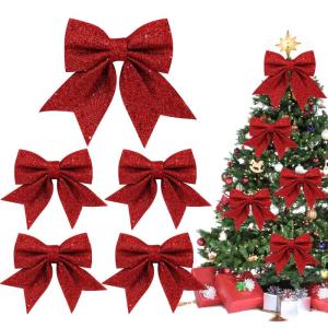 1 + 4 stuks rode strikken kerstkerstboomstrikken, glitter kerstboomversiering voor familiefeesten, feestdecoratie voor Kerstmis, vakantie, bruiloft, feesten (2 maat)