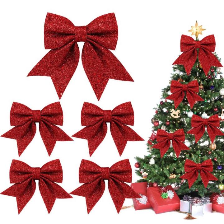1 + 4 stuks rode strikken kerstkerstboomstrikken, glitter kerstboomversiering voor familiefeesten, feestdecoratie voor Kerstmis, vakantie, bruiloft, feesten (2 maat)