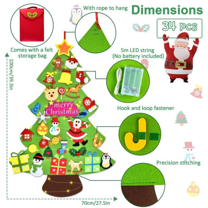 Vilten kerstboom voor kinderen, 3.3FT DIY muur opknoping kerstboom set, kinderen vilt kerstboom met 31 ornamenten en 5 m licht touw, ideaal voor thuis deur raam decoratie