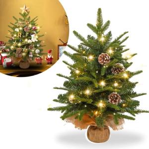 Mini-kerstboom, kunstkerstboom met verlichting, kunstkerstboom met 30 warmwitte leds, dennenappels, PE + pvc-mix voor kerstdecoraties