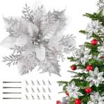 12 stuks kerstdecoratie, kunstbloemen voor Kerstmis, kerstster, kunstdecoratie, bloemen, fonkelende kerstster, bloemen, glitter, kerstboomdecoratie (zilver)