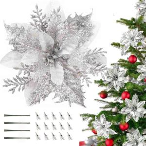 12 stuks kerstdecoratie, kunstbloemen voor Kerstmis, kerstster, kunstdecoratie, bloemen, fonkelende kerstster, bloemen, glitter, kerstboomdecoratie (zilver)