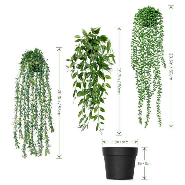 3 stuks kunstmatige hangplanten, eucalyptus, bladeren met potten, 63 cm lang, onderhoudsvrije kunstvetplanten, voor tuin, binnen en buiten (vetplanten)