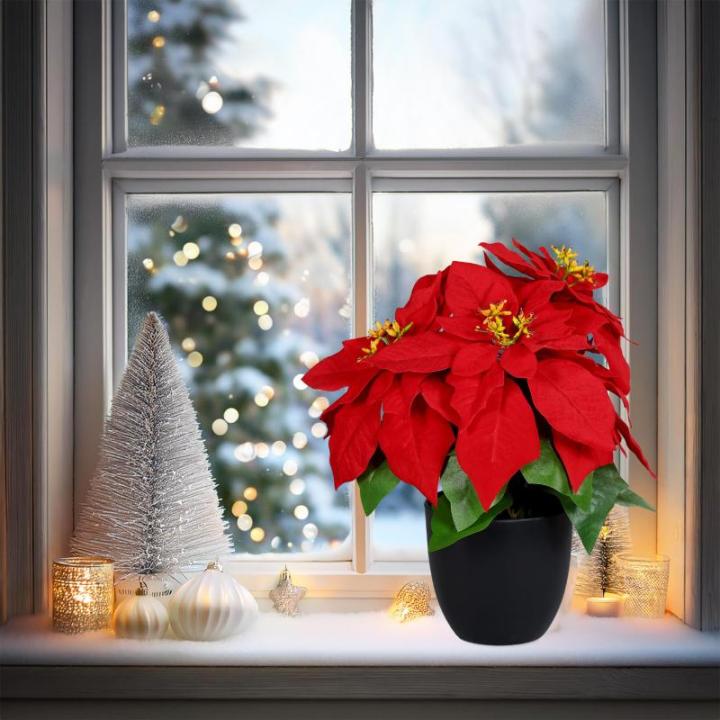 Poinsettia Kunstkerstster in zwarte pot, 30 cm, kunstbloem poinsettia in natuurgetrouwe replica, kerstbloem, decoratieve plant, zijdebloem, kunstplant, winterbloem met fluweelachti