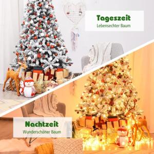 Kunstkerstboom met sneeuw en warmwitte ledverlichting, dennenboom met metalen standaard, pvc-naalden, kunstboom, klapsysteem, 225 cm, 180/225 cm