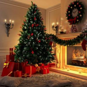 Opgewaardeerd scharnierende 5FT kunstmatige kerstboom voor vakantie decoratie w/sneeuw stroomde tips, dennenappels, rood fruit, koperdraad lampen 12M/240 lamp