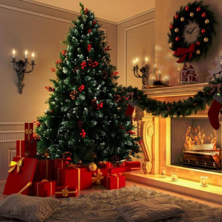Opgewaardeerd scharnierende 5FT kunstmatige kerstboom voor vakantie decoratie w/sneeuw stroomde tips, dennenappels, rood fruit, koperdraad lampen 12M/240 lamp