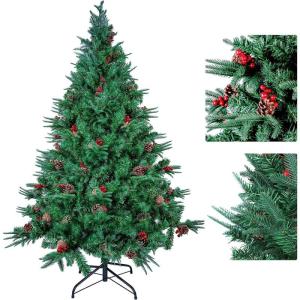 2,1 m kerstboom met dennenappels en bessen, PVC kunstmatige kerstboom met metalen standaard, kerstboom voor binnen buiten, groen