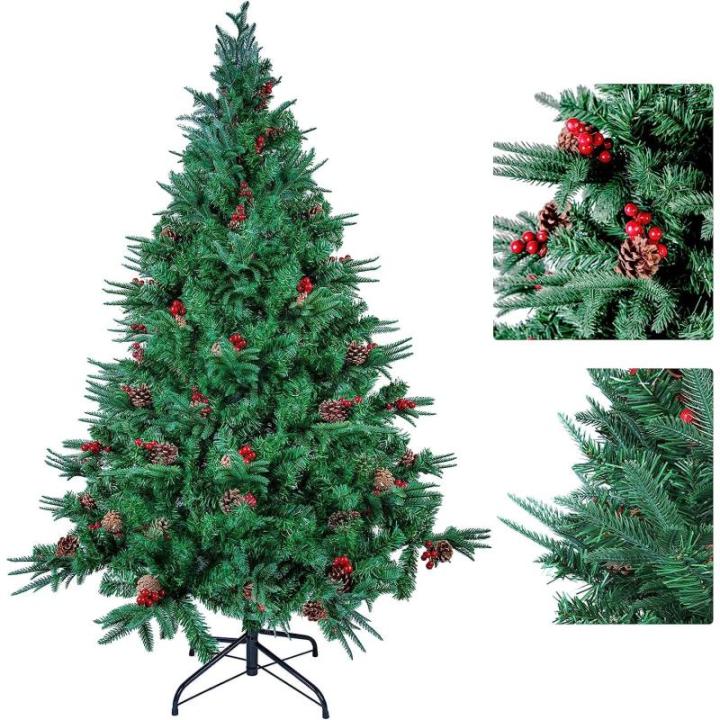 1,8 m kerstboom met dennenappels en bessen, PVC kunstmatige kerstboom met metalen standaard, kerstboom voor binnen en buiten, groen