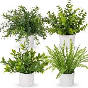 4er Set Kunstpflanzen im Topf, Künstliche Pflanzen Wie Echter Eukalyptus Mini Künstlicher Rosmarin Künstliche Farnpflanze für Dekoration, Wohnzimmer, Tischdekoration, Badezimme