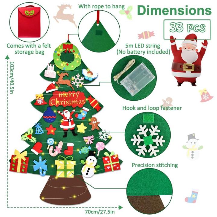 Vilten kerstboom voor kinderen, 3.3FT DIY muur opknoping kerstboom set, kinderen vilten kerstboom met 30 ornamenten en 5 m licht touw, ideaal voor thuis deur raam decoratie