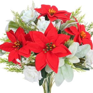 Künstlicher Weihnachtsstern-Blumenstrauß, roter Seiden-Weihnachtsstern, Winter-Blumenarrangement mit künstlichen Tannennadeln für Weihnachten, Küche, Tisch, Heimdekoration
