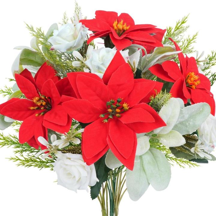 Künstlicher Weihnachtsstern-Blumenstrauß, roter Seiden-Weihnachtsstern, Winter-Blumenarrangement mit künstlichen Tannennadeln für Weihnachten, Küche, Tisch, Heimdekoration