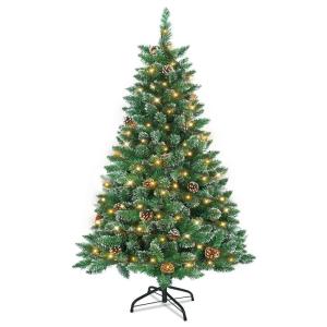 Kunstkerstboom met verlichting, 120 cm, pvc, kunstkerstboom met 120 leds en standaard, kunstkerstdecoratie, met sneeuw en dennenappels