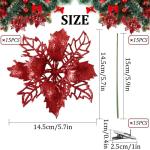 Kunstkerstbloemen, kerstboom bloemen met 15 clips, glitterbloemen, Kerstmis, kunstbloemen voor Kerstmis (rood)