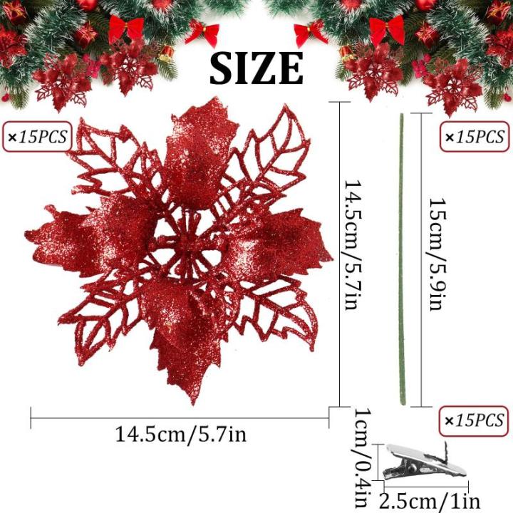Kunstkerstbloemen, kerstboom bloemen met 15 clips, glitterbloemen, Kerstmis, kunstbloemen voor Kerstmis (rood)