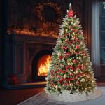 Wija Kerstboom met verlichting, kunstkerstboom met lichtketting, 350 warm wit licht en kunstsneeuwcoating, 850 takken en houten standaard, van PE-spuitgietwerk en pvc, 180 cm
