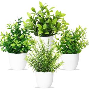 Künstliche Pflanzen mit Topf Kleine Topfpflanze 4 Stück Kunstpflanze Grünpflanzen Dekor Plastik Pflanzen Indoor Dekor für Büro Haus Balkon Wohnzimmer Badezimmer (4, Weißer To
