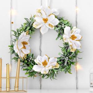 Künstliche Weihnachtssterne mit Glitzer, Samt, Magnolie, Blume, künstliche Weihnachtssterne, dekorative Blume für Weihnachtsbaumdekoration (weiß, gold), 16 Stück