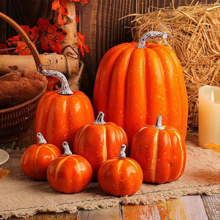 7 Stück Kürbisse, Thanksgiving-Kürbis-Dekorationen, Verschiedene Größen, künstliche Schaumstoff-Ernte-Herbst-Dekoration, künstliche Kürbisse, Dekorationen für den Innenber