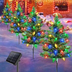 Set van 4 kerstboom op zonne-energie met verlichting, 80 LED C6 lichtketting voor kerstversiering buiten, Prelit kleine kerstboom voor weg, tuin, tuindecoratie