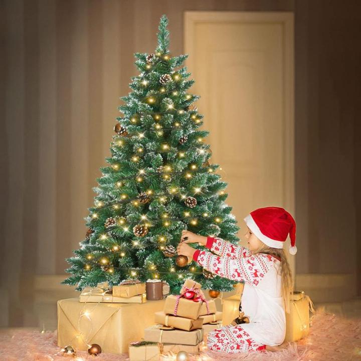Kunstkerstboom, kunstkerstboom met verlichting, 180 cm, kunstkerstboom met 250 leds en standaard, kunstkerstdecoratie, met sneeuw en dennenappels