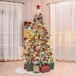 Kunstkerstboom met verlichting met sneeuw en stuk, kerstballen, kerstdecoratieset, metalen standaard, 180 cm, goud-rood
