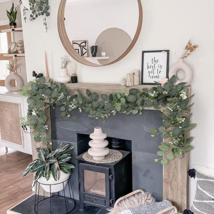 4 stuks kunstslingers, eucalyptus met wilgenbladeren, groene bladeren, witte bloemen, slinger, , hangplant voor achtergrond, bruiloft, decoratie, tafelloper, middenstuk