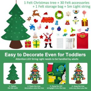 Vilten kerstboom voor kinderen, 3.3FT DIY muur opknoping kerstboom set, kinderen vilten kerstboom met 30 ornamenten en 5 m licht touw, ideaal voor thuis deur raam decoratie