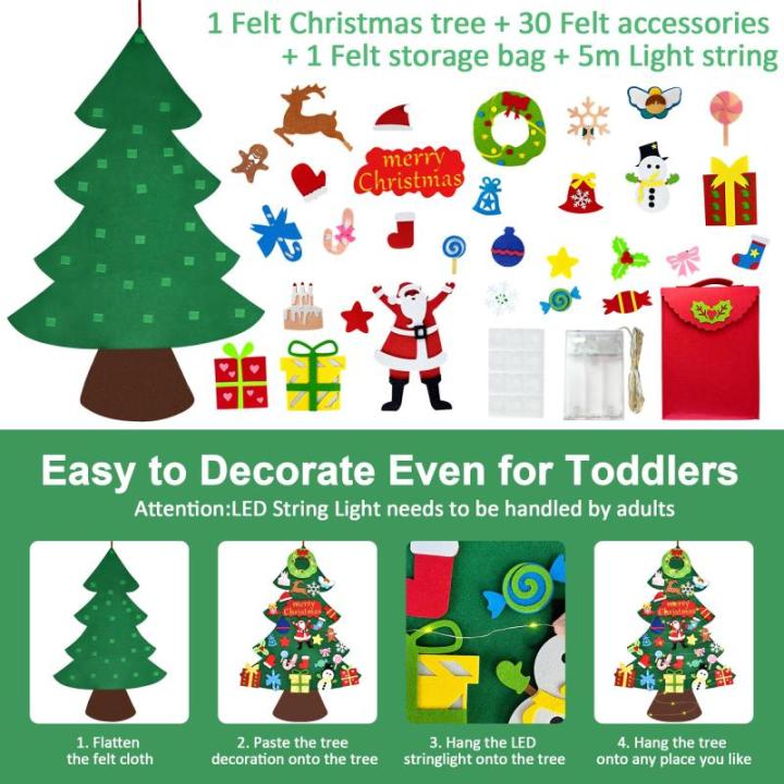 Vilten kerstboom voor kinderen, 3.3FT DIY muur opknoping kerstboom set, kinderen vilten kerstboom met 30 ornamenten en 5 m licht touw, ideaal voor thuis deur raam decoratie