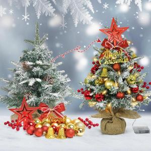 Mini-kerstboom met led, 60 cm, kleine kerstboom, versierd met kunstsneeuw en ornamenten, mini-dennenboom voor kerstdecoratie (rood, zilver, goud)