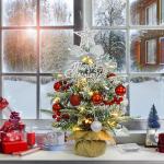Mini-kerstboom met led, 45 cm kleine kerstboom, versierd met kunstsneeuw en ornamenten, mini-dennenboom voor kerstdecoratie, rood zilver