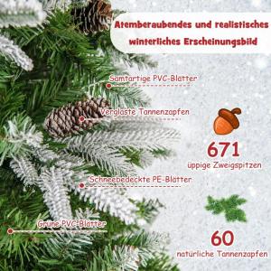 Kunstkerstboom van 190 cm met verlichting en sneeuw, potlood dennenboom met 280 warmwitte ledlampen en 60 dennenappels, smalle kerstboom voor thuis