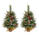 2 x kerstboom met decoratieve lichtketting 30 LED warm wit batterij, 60 cm mini kunstkerstboom met sneeuw, dennenappels en taxbessen, tafelkerstboom, kerstdecoratie, materiaal PE