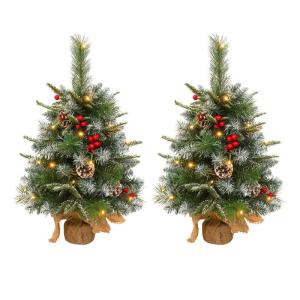 2 x kerstboom met decoratieve lichtketting 30 LED warm wit batterij, 60 cm mini kunstkerstboom met sneeuw, dennenappels en taxbessen, tafelkerstboom, kerstdecoratie, materiaal PE