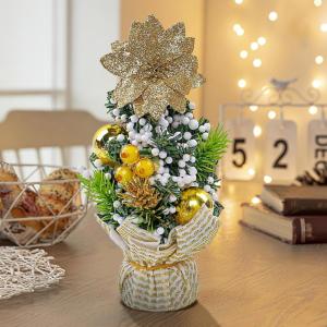20 cm kleine kerstboom, kunsttafelkerstboom, miniatuurdennenboom met rode strikballen en bessen, tafelblad dennenboom voor kerstdecoratie
