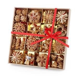 Kerstboomversiering, 60 stuks, handgemaakte kerstboom van stro, strosterren, Kerstmis, bevat kerstman, sterren, hart, natuurlijke boomversiering, Kerstmis voor kerstboomdecoratie
