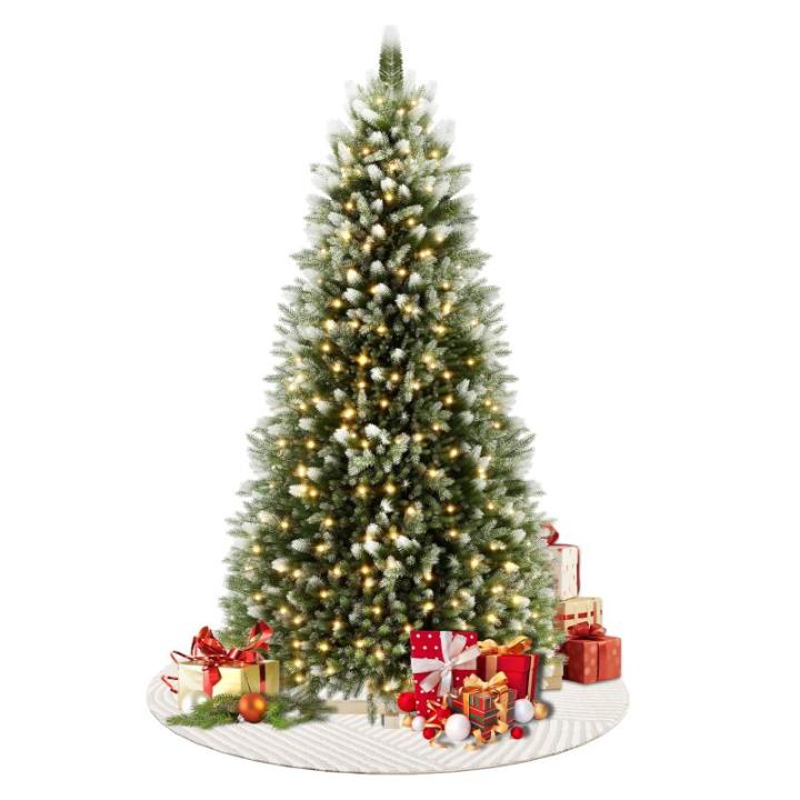 Kunstkerstboom met verlichting, sneeuweffect, 150 cm, kerstboom met standaard, groen pvc + PE dennenboom