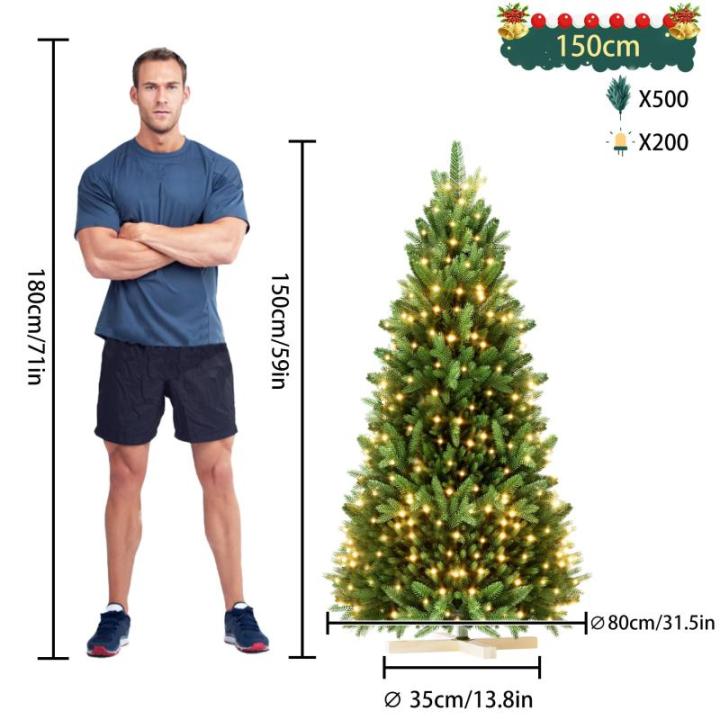Kunstkerstboom, 150 cm, van PE en pvc, met stabiele houten standaard, realistische dennenboom, kunstkerstboom met ledverlichting voor feestelijke decoratie, snel op te bouwen, klap