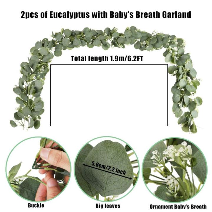 2 Pack Kunstmatige Eucalyptus Wijnstok met Baby's Adem Bloemen 6.2FT Nep Zijde Eucalyptus Bladeren Groene Slinger Opknoping Planten Wijnstok voor Bruiloft Achtergrond Boog Party Ta