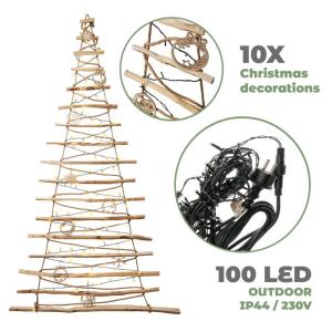 Handgemaakte kerstboom met decoraties, 195 cm met led 230 V, van hazelnoothout, decoratieve hanger, houten platen verbonden met een jute touw met een dikte van 6 mm